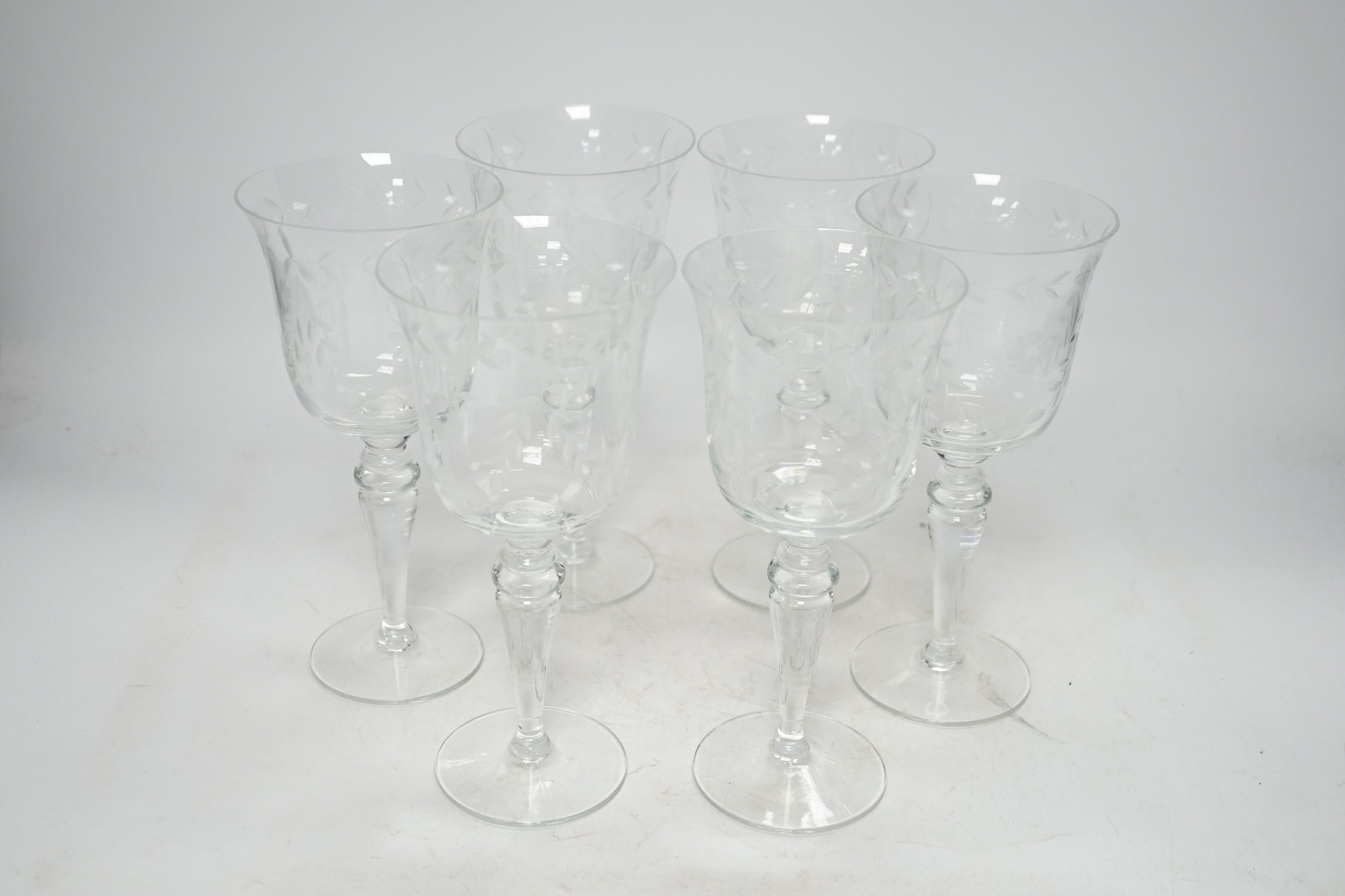 A set of six etched wine glasses, 20.5cm. Condition - good